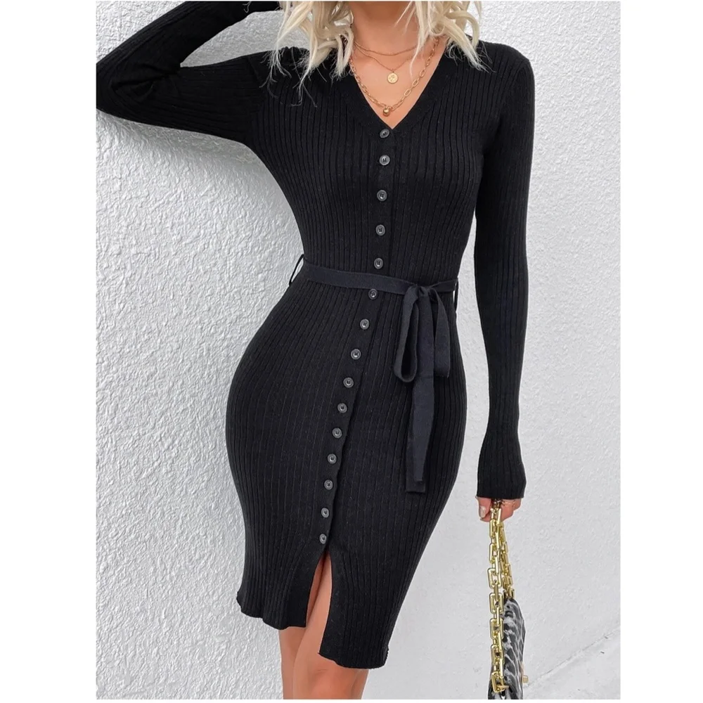 Belted Knit Black Button Through Long Sleeve Dress Knee Length - Picture 3 of 6